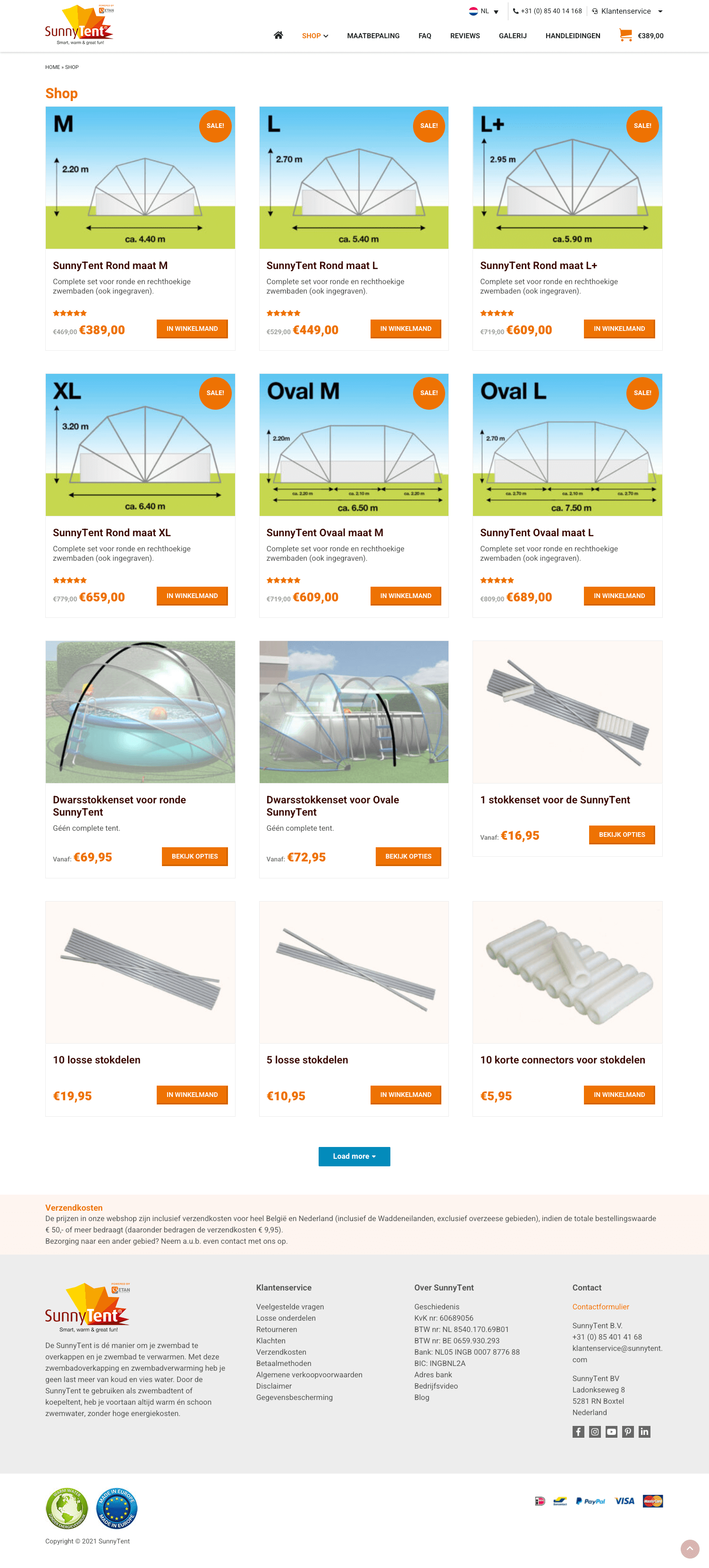 Website Sunny Tent product overzicht pagina